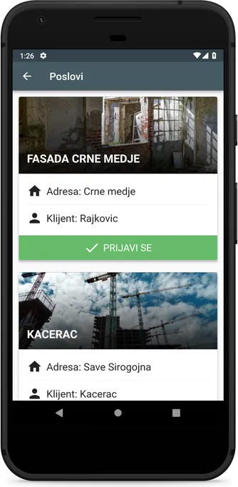 Lista aktivnih poslova sa opcijom za prijavljivanje