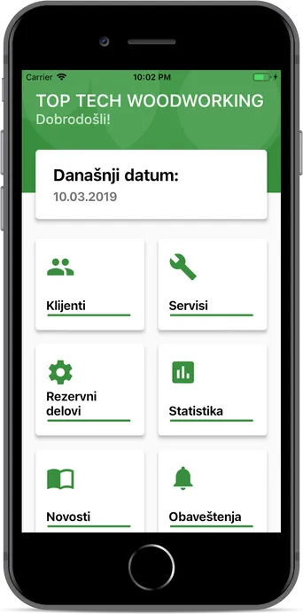 Početni meni aplikacije Top Tech Service na mobilnom telefonu