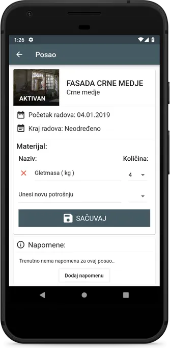 Detalji posla sa unosom potrošnje materijala