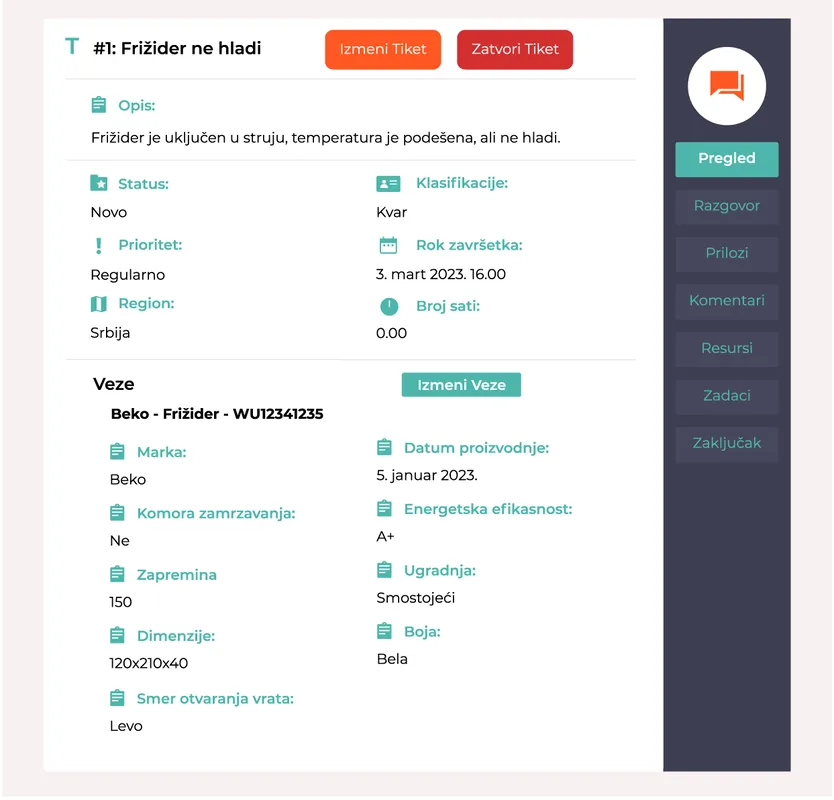 Otvoren tiket sa informacijama o kvaru, komunikacijom sa klijentom i navigacionim barom sa desne strane
